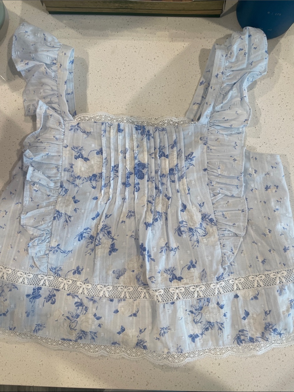 LoveShackFancy Light Blue & White Floral Ruffle Tank Top - Girls